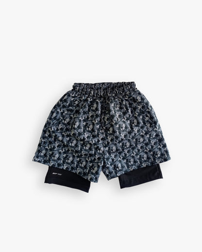 Pantaloneta Deportiva Running HELP ( Gris Camuflado ) 2 en 1