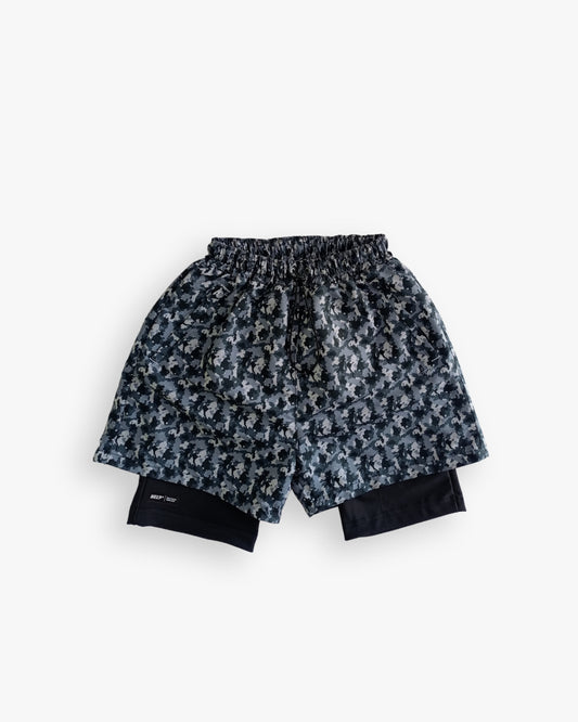 Pantaloneta Deportiva Running HELP ( Gris Camuflado ) 2 en 1