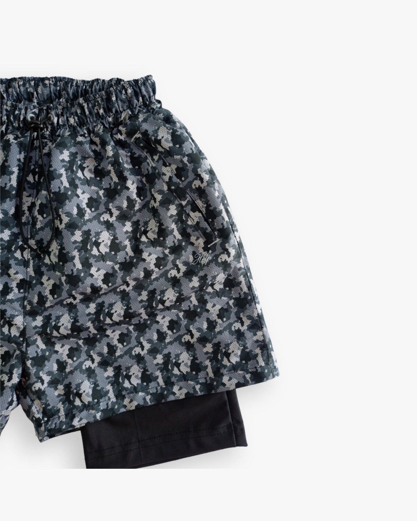 Pantaloneta Deportiva Running HELP ( Gris Camuflado ) 2 en 1